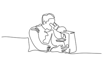Researcher with microscope in elegant one line drawing. Science concept. Minimalist vector background.
