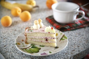 piece of tasty cake and cup of tea