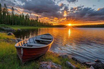 View of a rowboat cruising along the sea at sunset under the stars