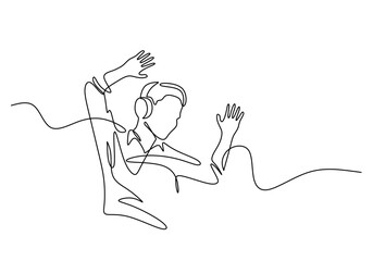 Man wearing headphones in one line drawing. Minimalist entertainment and music concept.