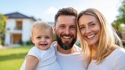 A happy family of a man, woman and baby are posing for a photo