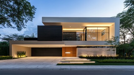 A large white house with a black garage door