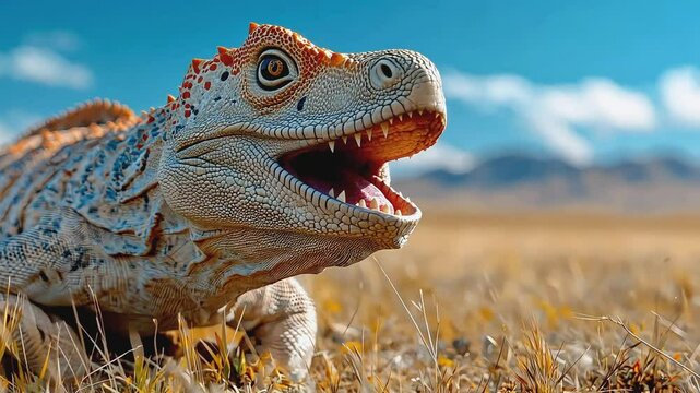 Close-up of a large lizard with orange and white scales in a grassy field, with blue sky and white clouds in the background.