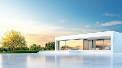 Fototapeta premium A large white house with a large glass window and a tree in the background