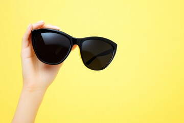 Fototapeta premium On a yellow background, female hands hold stylish sunglasses