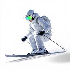 Skier in White Gear on Snowy Mountain Slope