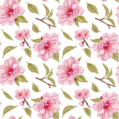 Seamless pattern with watercolor sakura flowers, branches and leaves drawn in realistic style on a white background. Illustration perfect for textile, fabric, wrapping, wallpaper