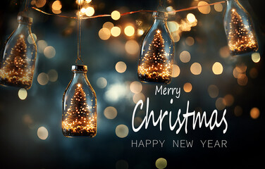 christmas lights background with glass jars on blsck christmas tree decorationfestive greeting card desigh happy new year concept bokeh blur effect
