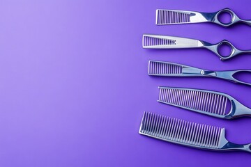 Colorful hairdresser tools on a purple background.