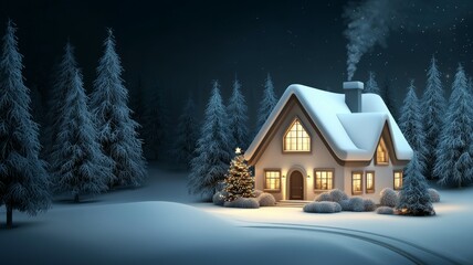 Naklejka premium A cozy cabin with a Christmas tree in the front yard