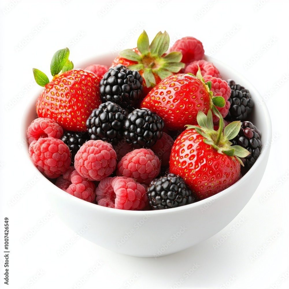 Poster A fresh bowl of vibrant berries filled with strawberries, raspberries, and blackberries. Perfect for healthy snacks or colorful desserts. Enjoy the burst of flavors in every bite. AI