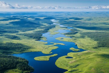 Aerial view of a lake and esker formed by glacial deposits in northern Manitoba, Canada