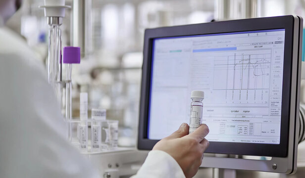 AI generator image of advanced analytical equipment in a modern pharmaceutical laboratory. The image highlights a detailed view of a vial of medication held by a scientist in a white lab coat,
