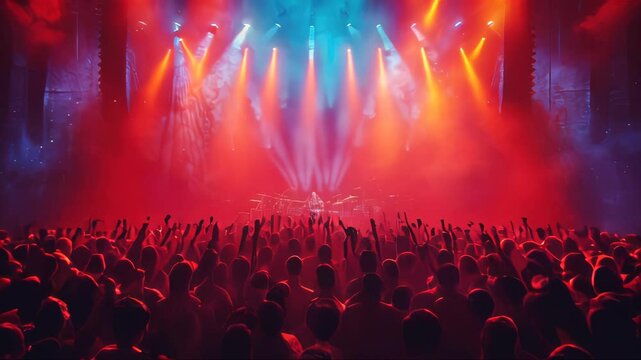 Crowd at concert with raised hands in front of bright stage lights