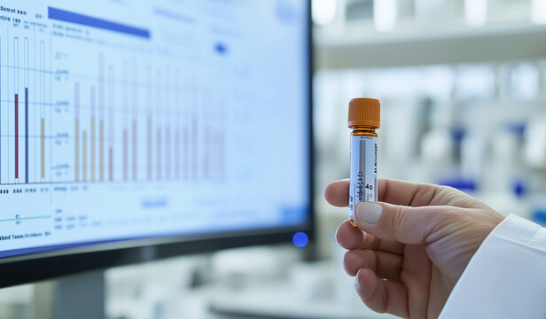 AI generator image of advanced analytical equipment in a modern pharmaceutical laboratory. The image highlights a detailed view of a vial of medication held by a scientist in a white lab coat,