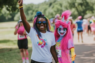 In a park, female runners cheer for a charity run