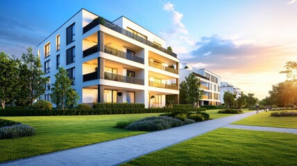 A large apartment building with a green lawn and a walkway