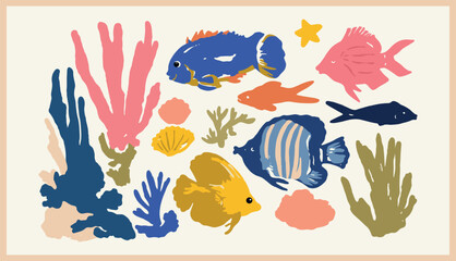 Ocean Marine Life Coral Reef Fish vector set illustration