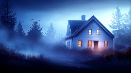 A house with a porch and a window is lit up in the dark