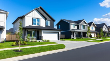 A row of houses with a white house in the middle