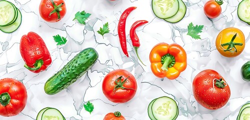 Kitchen decor marble pattern featuring illustrations of assorted vegetables like tomatoes, bell peppers, and cucumbers, creating a colorful and nutritious ambiance