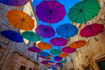 Obraz premium The street is flooded with colourful umbrellas