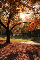 Autumn park scene with golden leaves falling from a tree at sunset.