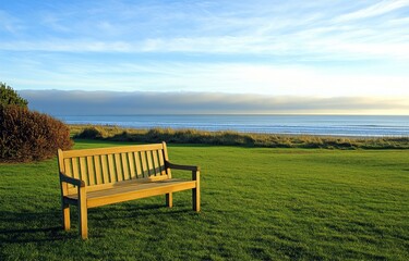 Early morning scene with empty park bench on grassy bank overlooking beach