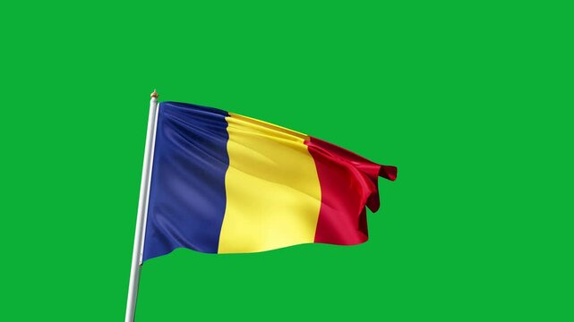 flag of chad on a green screen, no background, transparent background, waving in the wind, national symbol of chad, african country, tall flagpole, video of a flag
