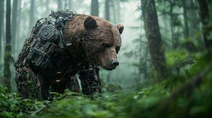 Obraz premium A robotic AI bear foraging for food in the dense underbrush, its lifelike sensors detecting the scents and sights of the forest, creating a realistic wildlife experience