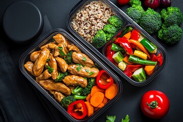 A meal prep layout with easy-to-carry containers, packed with healthy meals like stir-fried chicken, brown rice, and sautÃ©ed vegetables.