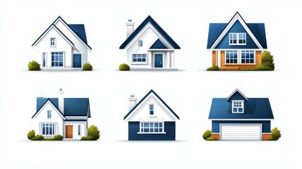 Fototapeta premium A row of six houses with blue roofs and white trim