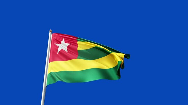 flag of togo on a  blue screen, no background, transparent background, waving in the wind, national symbol of togo, african country, tall flagpole, video of a flag