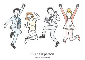 喜びで飛び跳ねる若い会社員の男女の全身イラスト