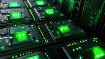 Fototapeta premium Futuristic Server Room with Glowing Green Lights