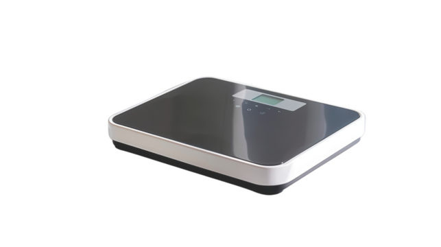 Weighing scale with body fat analyzer on white background 