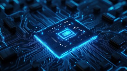 Blue Glowing CPU on Circuit Board