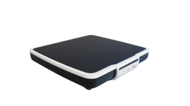 Weighing scale with body fat analyzer on white background 