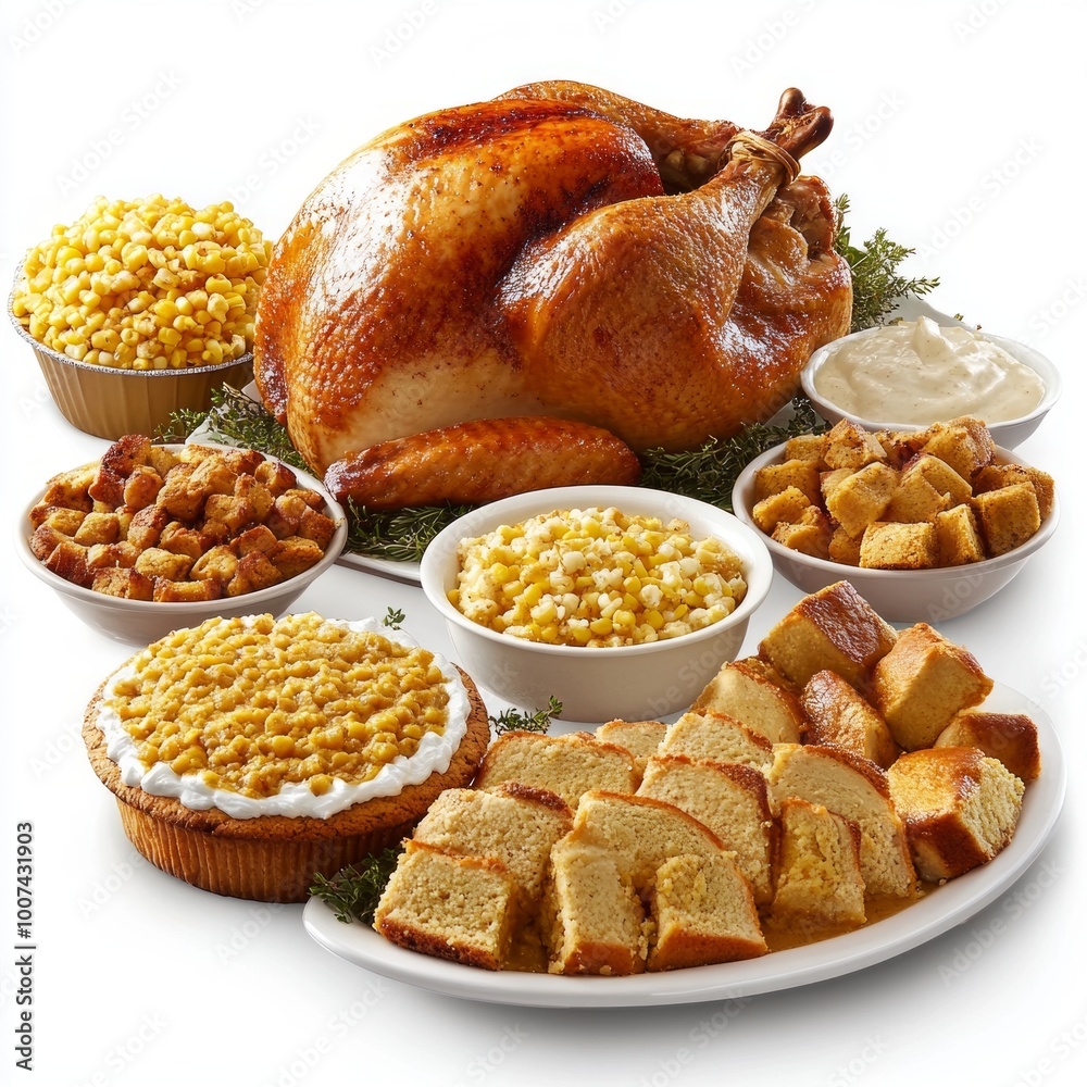 Poster A delicious Thanksgiving feast featuring a beautifully roasted turkey surrounded by various side dishes. Perfect for family gatherings and festive celebrations. Enjoy the flavors of the season. AI