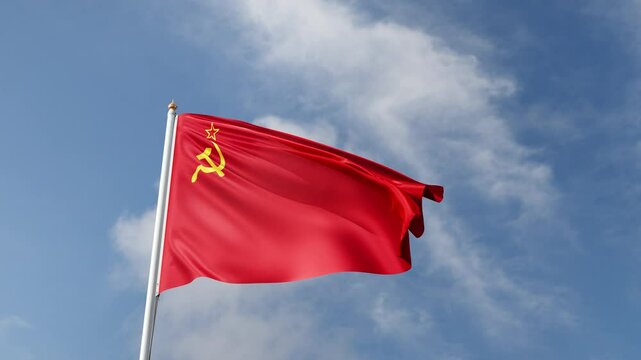 communist flag on a blue sky, waving in the wind, symbol of the communism and the URSS, tall flagpole, sunny day,  video of a flag	