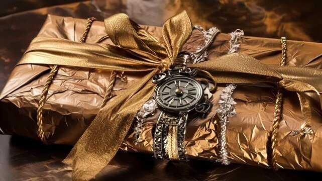 Rustic christmas gift wrapped in brown paper with gold ribbon and vintage accessories exudes holiday charm