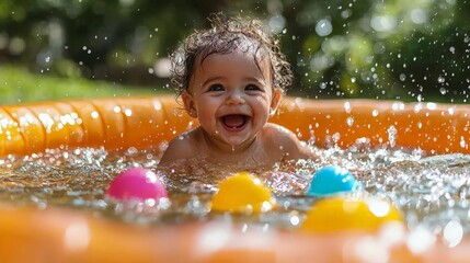 A joyful baby splashes in a colorful inflatable pool, surrounded by water and floating balls.