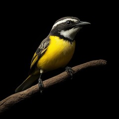 Fototapeta premium A vibrant yellow bird perched elegantly on a branch. Its striking black and white markings are captivating. The dark background enhances its colorful feathers. AI
