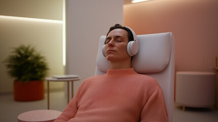 Patient relaxing with headphones and eye mask during ketamine therapy treatment