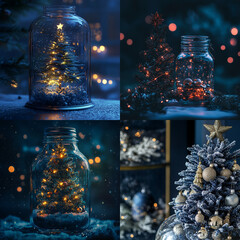 christmas tree and decorations collage xmas decoration new year tree in the glass jar
