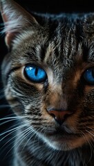 Portrait of a cat on a dark background, close up.
