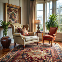 a living room with a vintage armchair and a persia