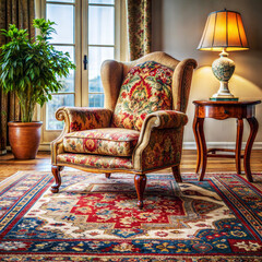 a living room with a vintage armchair and a persia