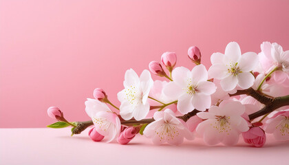 A serene scene of cherry blossoms in full bloom isolated on pink background. Generative AI.