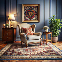 a living room with a vintage armchair and a persia